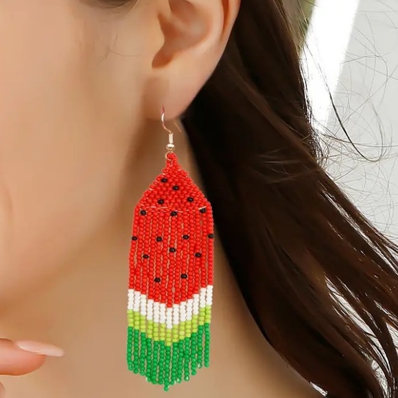 Boho Watermelon Seed Bead Fringe Earrings - Picture 6 of 7